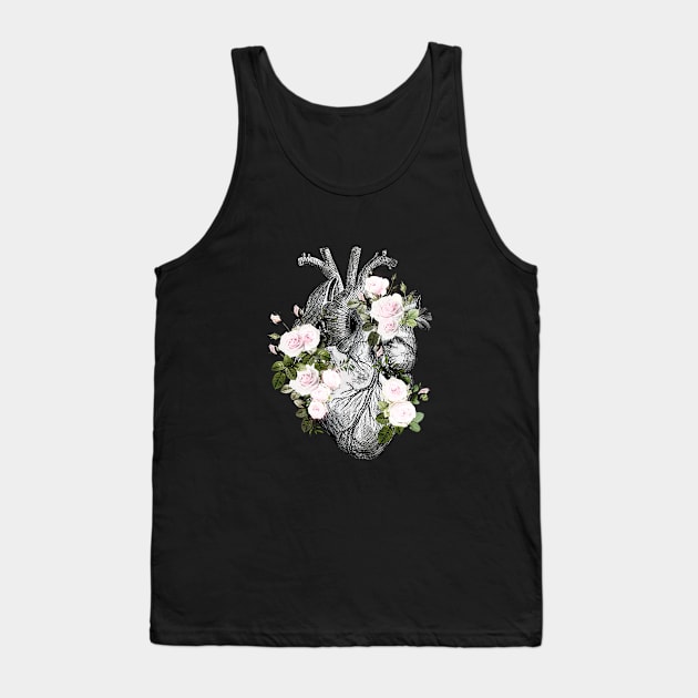 Human heart and roses, anatomy illustration art, lightpink roses and leaves Tank Top by Collagedream